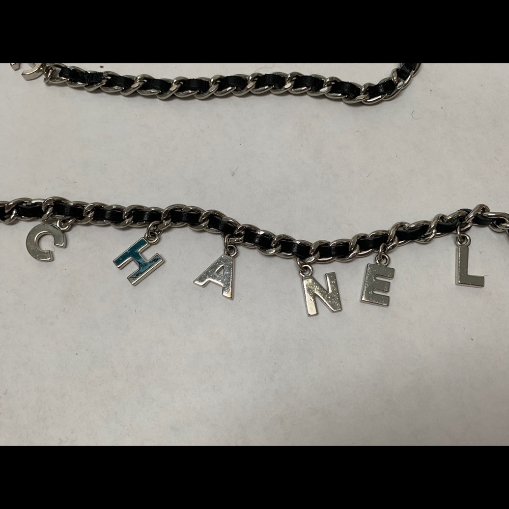 CHANEL Black Leather & Silver Chain Link Belt